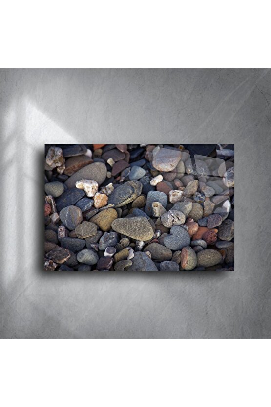 Doğal Koyu Renkli Çakıl Taşı Desenli Temperli Cam Tablo
