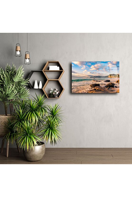 Serin Renkli Deniz Kıyısı Manzaralı Cam Tablo