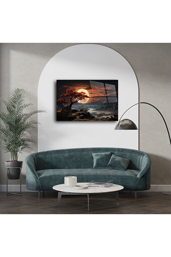 Turuncu Ay Manzaralı Ağaçlı Cam Tablo
