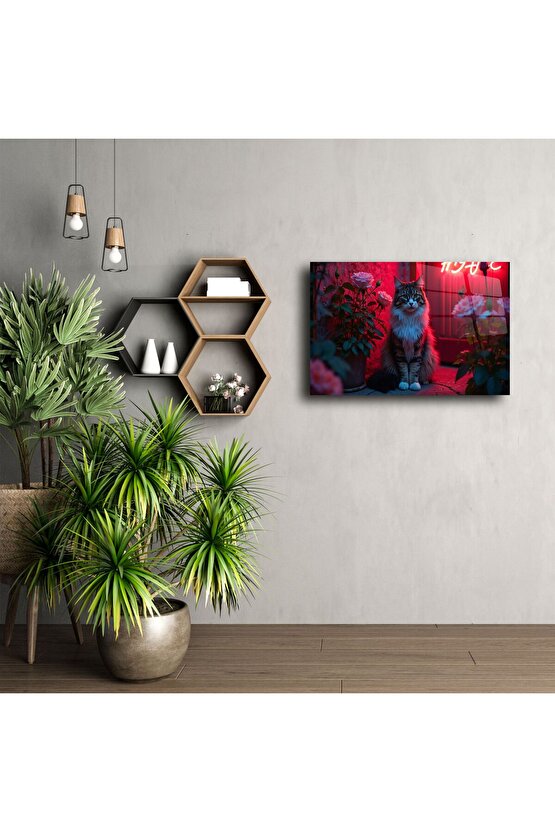 Neon Işıkta Güller Arasında Tüylü Kedi Cam Tablo