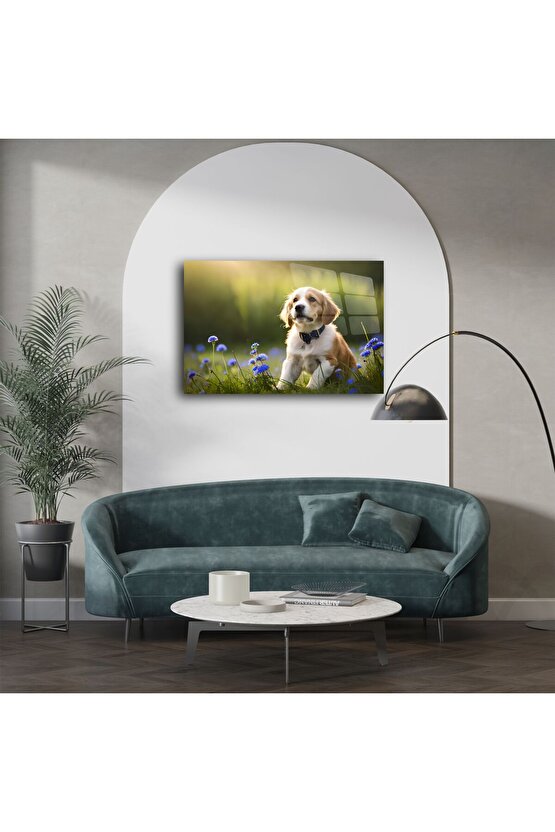Canlı Mavi Çiçekler Arasında Oturan Sevimli Yavru Köpek Kanvas Tablo