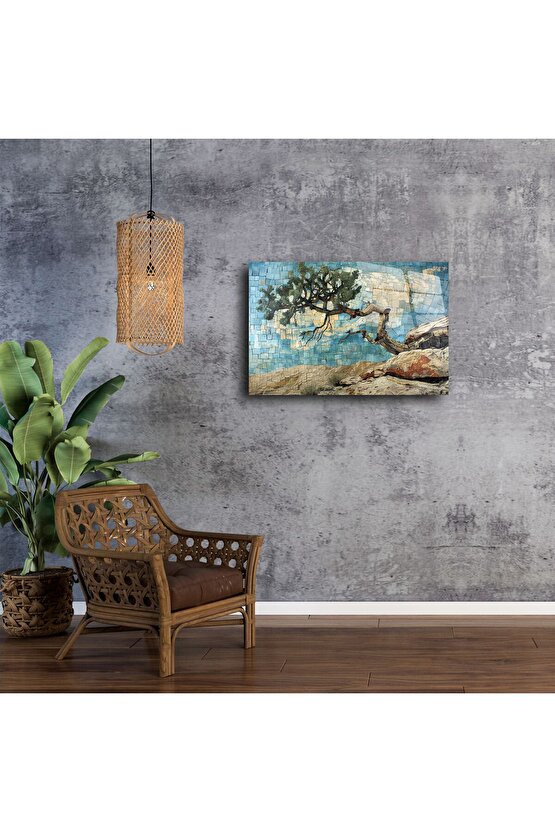 Zarif Mavi Mozaik Ağaç Duvar Sanatı