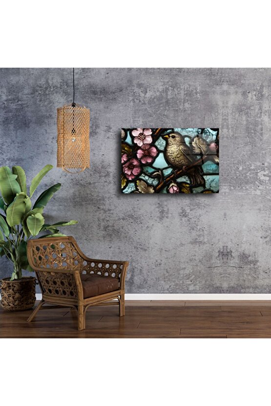 Kuş ve Çiçek Desenli Cam Tablo