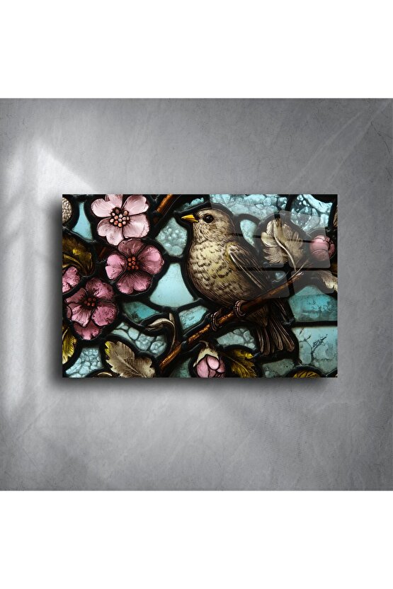 Kuş ve Çiçek Desenli Cam Tablo