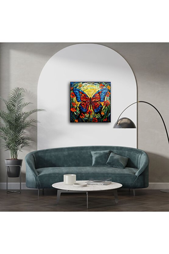 Cam Tablo Kelebek Desenli Renkli Sanat