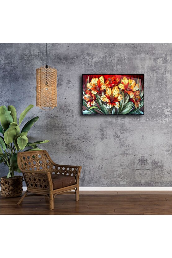 Cam Tablo Çiçek Desenli Duvar Sanatı