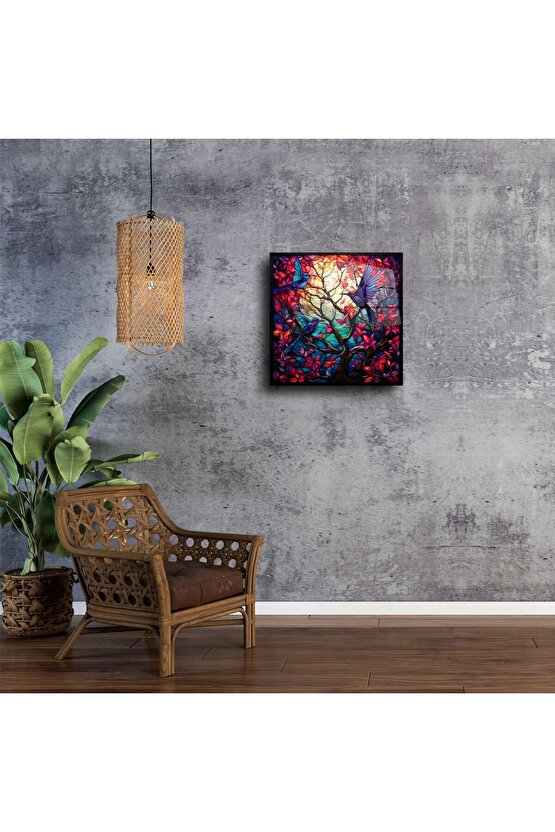 Hummingbird ve Kırmızı Yapraklı Lüks Vitray Tablo