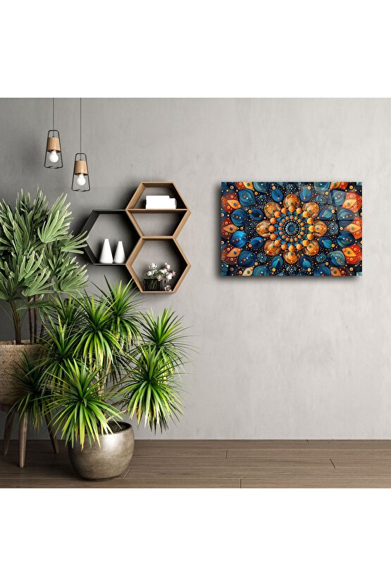 Mavi Turuncu Simetrili Mandala Duvar Tablosu