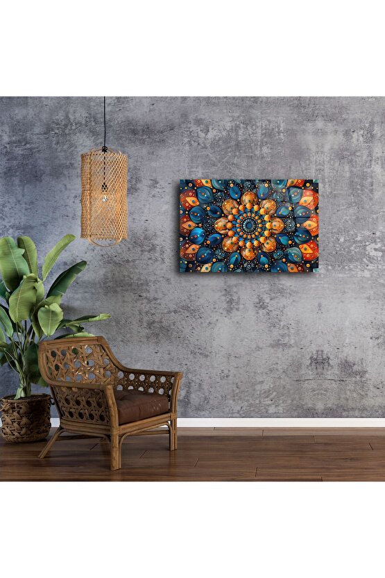 Mavi Turuncu Simetrili Mandala Duvar Tablosu