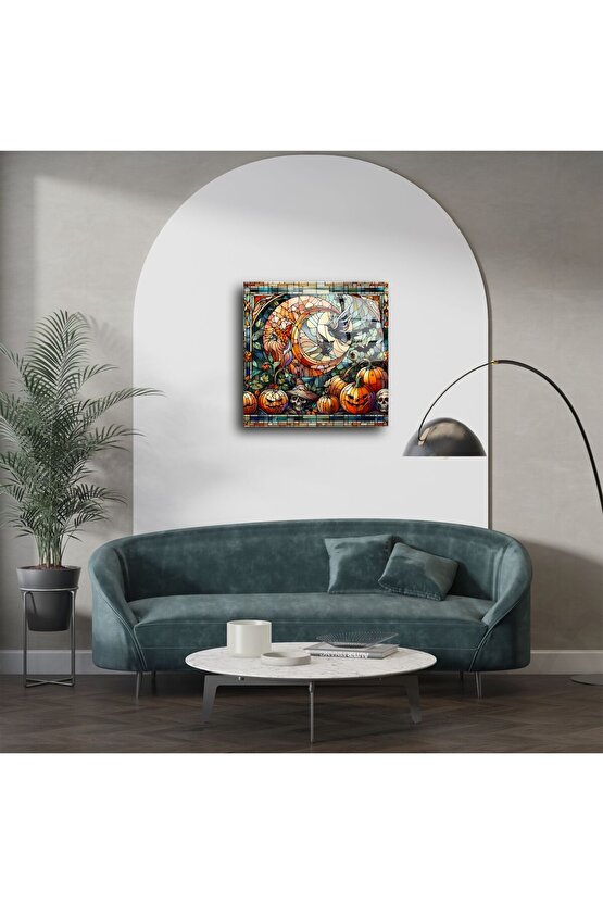 Balkabağı ve Hilal Ay Temalı Halloween Vitray Duvar Paneli