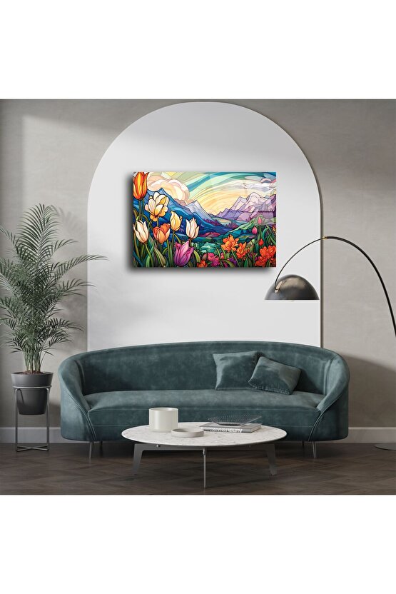 Dağ Manzaralı Lale Cam Tablo