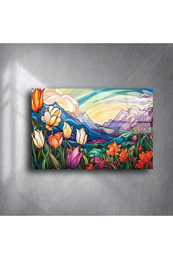 Dağ Manzaralı Lale Cam Tablo