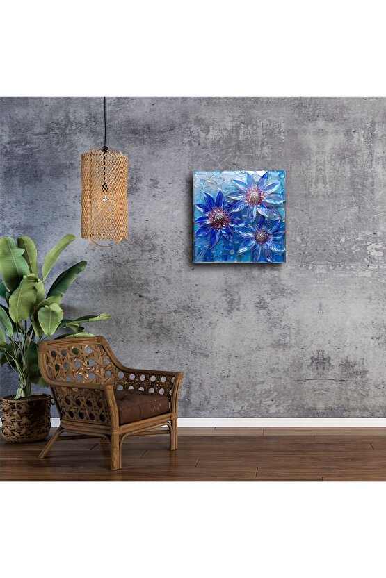 Mavi Çiçekli Vitray Cam Tablo