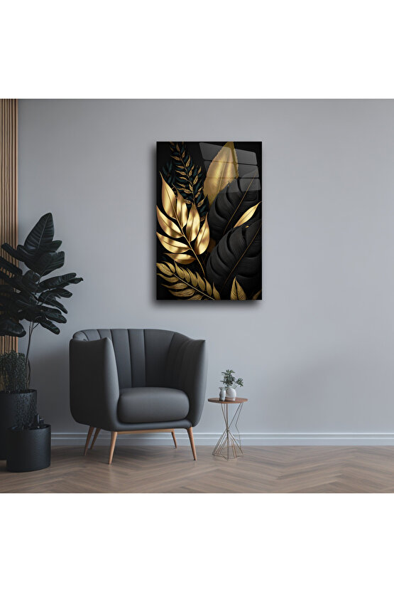 Gold Ve Siyah Yapraklar Cam Tablo Duvar Dekoru
