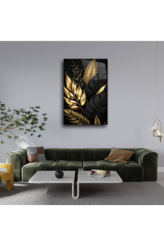 Gold Ve Siyah Yapraklar Cam Tablo Duvar Dekoru