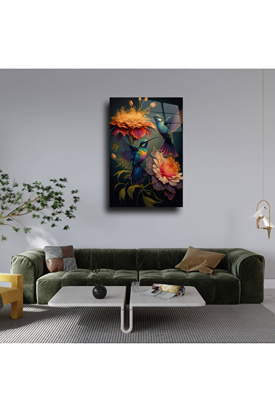 Sinek Kuşları ve Çiçekler Cam Tablo Duvar Dekoru