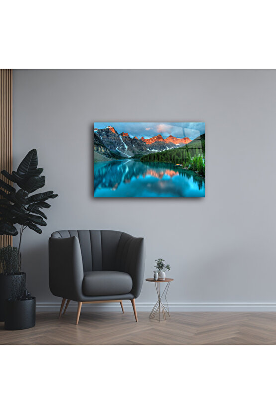 Dağ ve Göl Manzarası Cam Tablo Duvar Dekoru