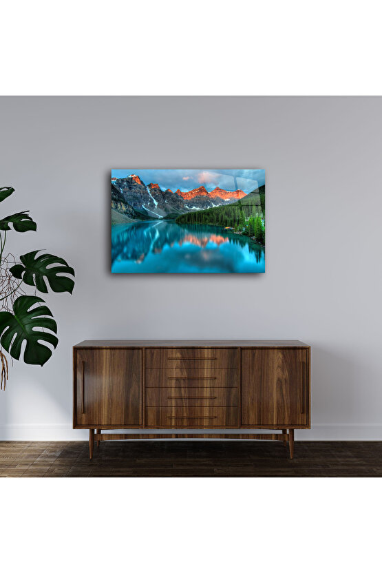 Dağ ve Göl Manzarası Cam Tablo Duvar Dekoru