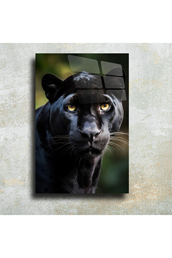 Kara Siyah Panter Cam Tablo Duvar Dekoru