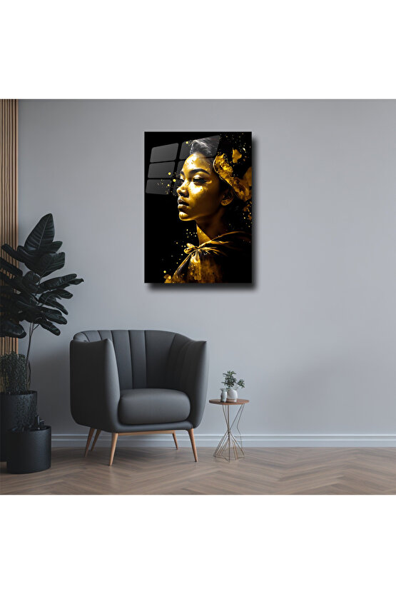 Gold Kadın Görseli Cam Tablo Duvar Dekoru 3