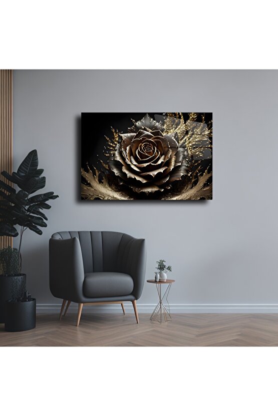 Gold Renkli Gül Cam Tablo Duvar Dekoru 1