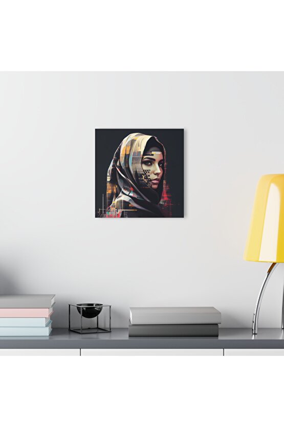 Müslüman Kız Sulu Boya Türban Başörtüsü İslam Cam Tablo Duvar Dekoru 2