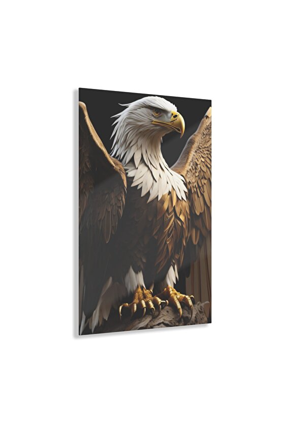 Beyaz Gold Renkli Kartal Cam Tablo Duvar Dekoru