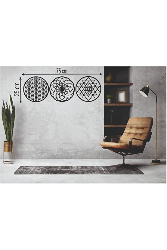Ahşap 3 Mm Mdfyaşam Çiçeği Sri Yantra Ve Torus 3lü Set Duvar Tablosu 25x25