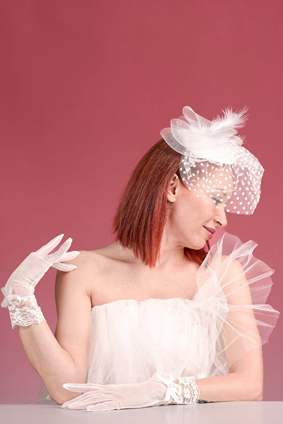 Kırık Beyaz Puantiyeli Gelin Kepi Nikah Şapkası Ve Dantel Bilek Gelin Eldiveni  Kombin Set