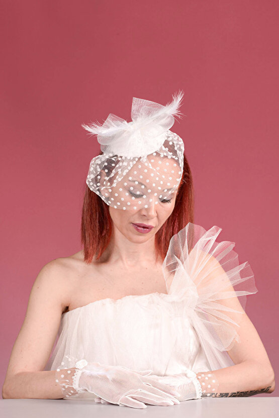 Kırık Beyaz Tüylü Gelin Kepi Nikah Şapkası Ve Tüylü Gelin Eldiveni  Kombin Set