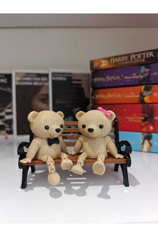 Bankta Oturan İkili Sevimli Ayıcık Figürü  Dekoratif Biblo