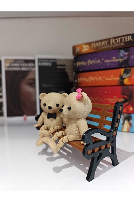 Bankta Oturan İkili Sevimli Ayıcık Figürü  Dekoratif Biblo