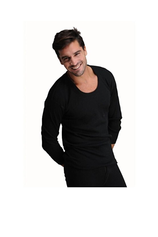 Erkek Siyah Exstra Yumuşak Yün Uzun Kollu Fanila