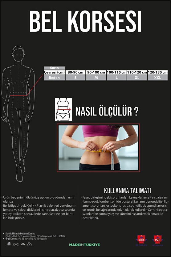 Kadın Erkek Ortopedik Lumbosacral Çelik Balenli Bel Fıtığı Korsesi 26cm