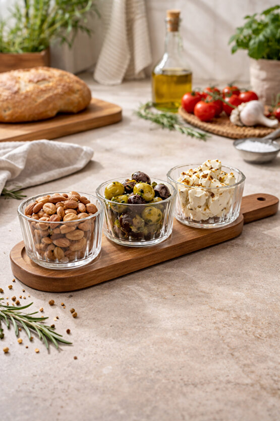 Akasya Tabanlı Cam Kase Seti 3’lü – Şeffaf Cam, Şık Sunum & Mutfak Düzeni