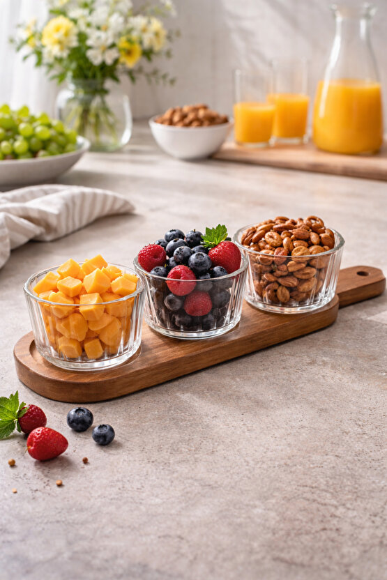 Akasya Tabanlı Cam Kase Seti 3’lü – Şeffaf Cam, Şık Sunum & Mutfak Düzeni