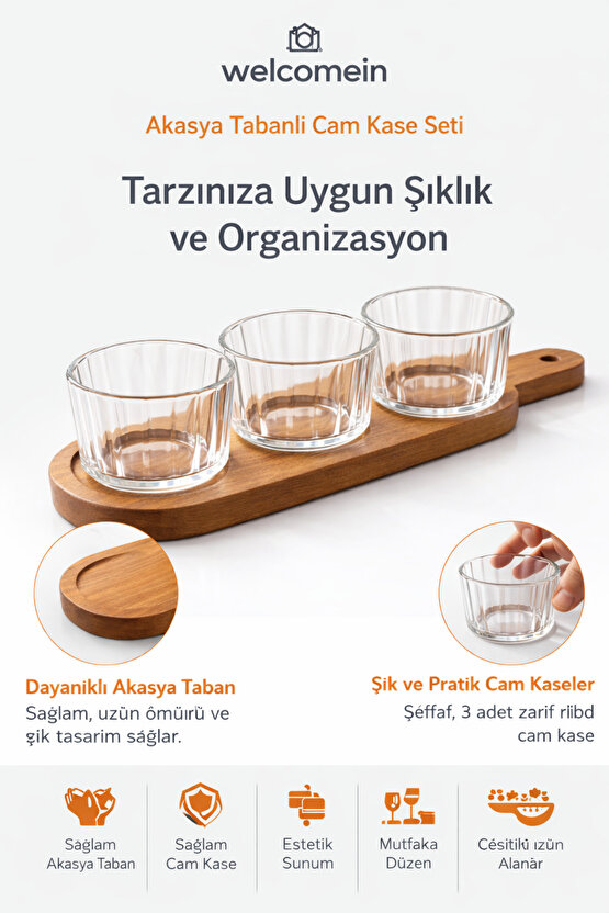 Akasya Tabanlı Cam Kase Seti 3’lü – Şeffaf Cam, Şık Sunum & Mutfak Düzeni