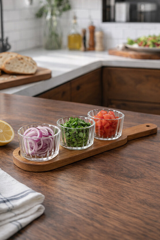 Akasya Tabanlı Cam Kase Seti 3’lü – Şeffaf Cam, Şık Sunum & Mutfak Düzeni