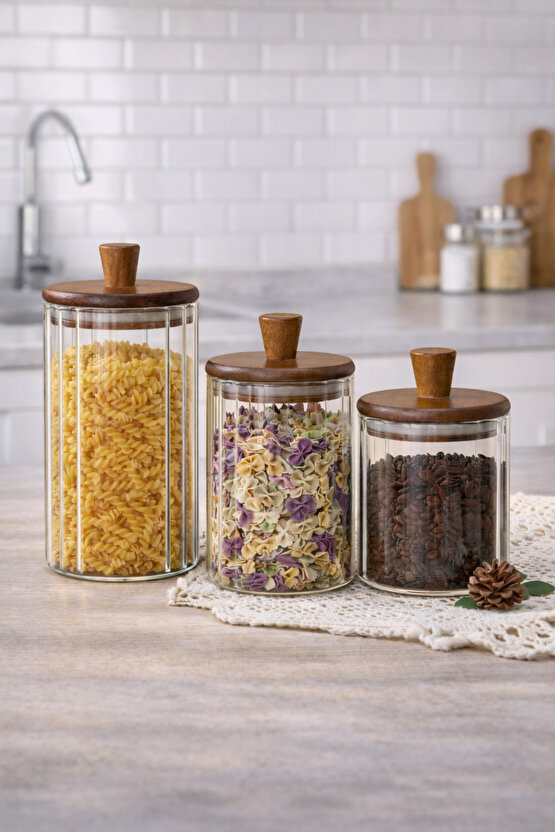 Ahşap Kapaklı 3’lü Cam Kavanoz Seti 1160 ml + 860 ml + 600 ml | Mutfak Saklama Kavanozu