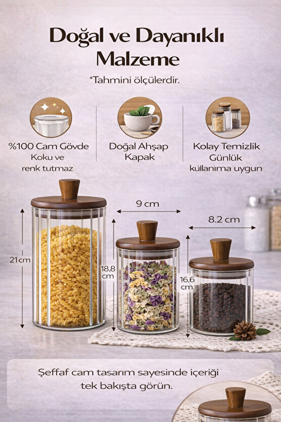 Ahşap Kapaklı 3’lü Cam Kavanoz Seti 1160 ml + 860 ml + 600 ml | Mutfak Saklama Kavanozu