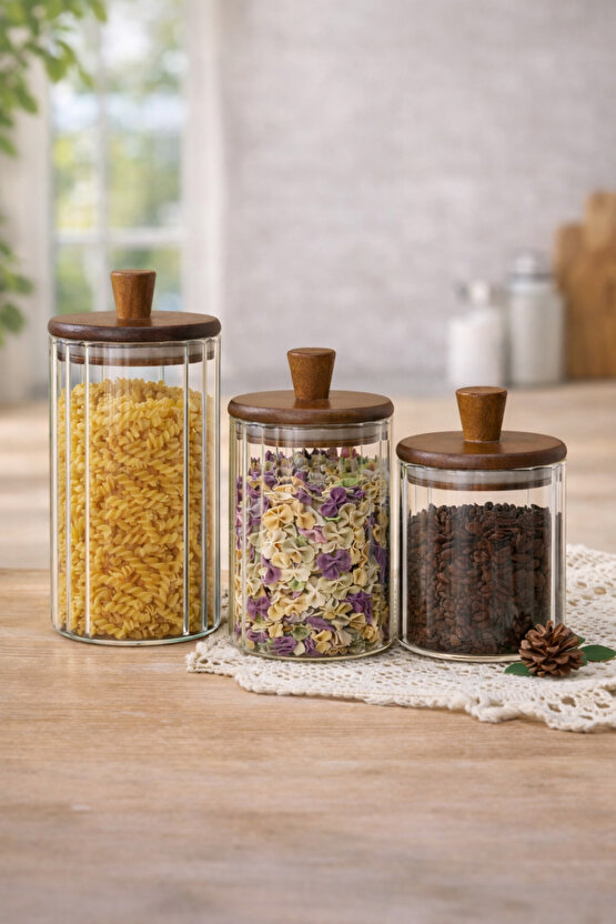 Ahşap Kapaklı 3’lü Cam Kavanoz Seti 1160 ml + 860 ml + 600 ml | Mutfak Saklama Kavanozu
