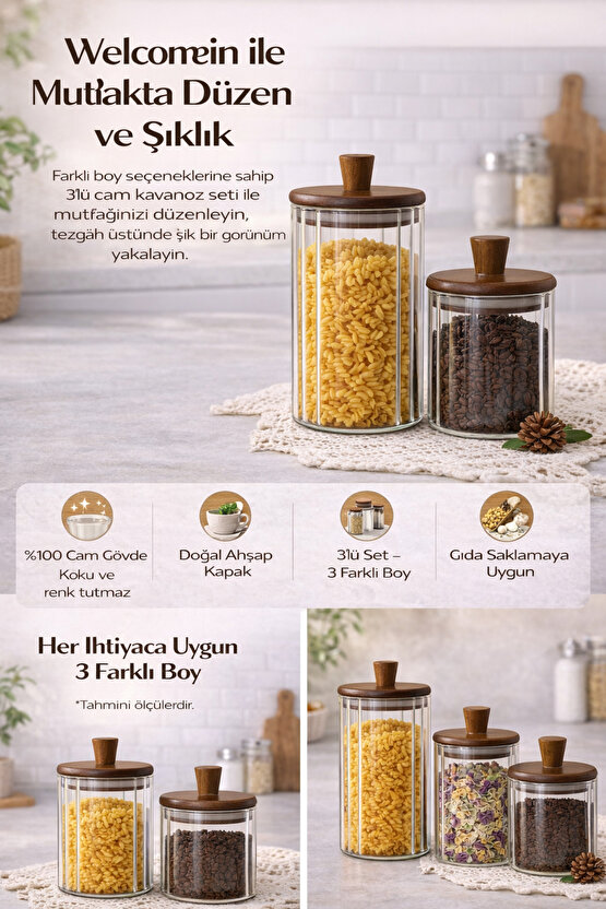 Ahşap Kapaklı 3’lü Cam Kavanoz Seti 1160 ml + 860 ml + 600 ml | Mutfak Saklama Kavanozu