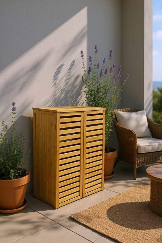 Doğal Bambu Balkon Banyo ve Çamaşır Dolabı – 2 Kapaklı Panjur Tasarım Saklama Dolabı