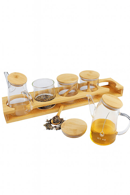 Bambulu Cam Baharatlık Salata Sos Kapları & Yağlık Seti – Kapaklı Standlı 6 Parça Düzenleyici