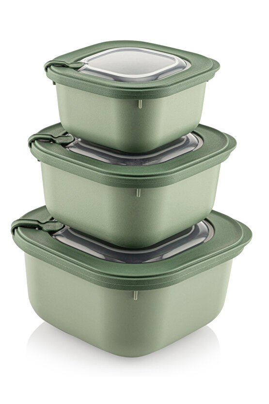 3lü Mikrodalga Ve Difrize Uygun Vip Kapaklı Zarif Özel Saklama Kabı Seti Yeşil