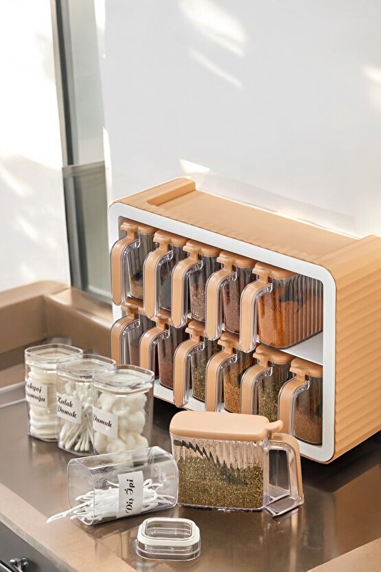 12li Standlı Kendinden Yapışkanlı Kapaklı Kaşıklı Baharatlık Takımı Ve 4lü Şeffaf Kapaklı Banyo Seti