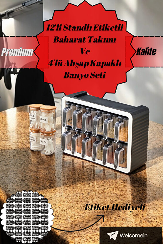 12 li Standlı Kendinden Yapışkanlı Kapaklı Kaşıklı Baharatlık Takımı Ve 4lü Ahşap Kapaklı Banyo Seti