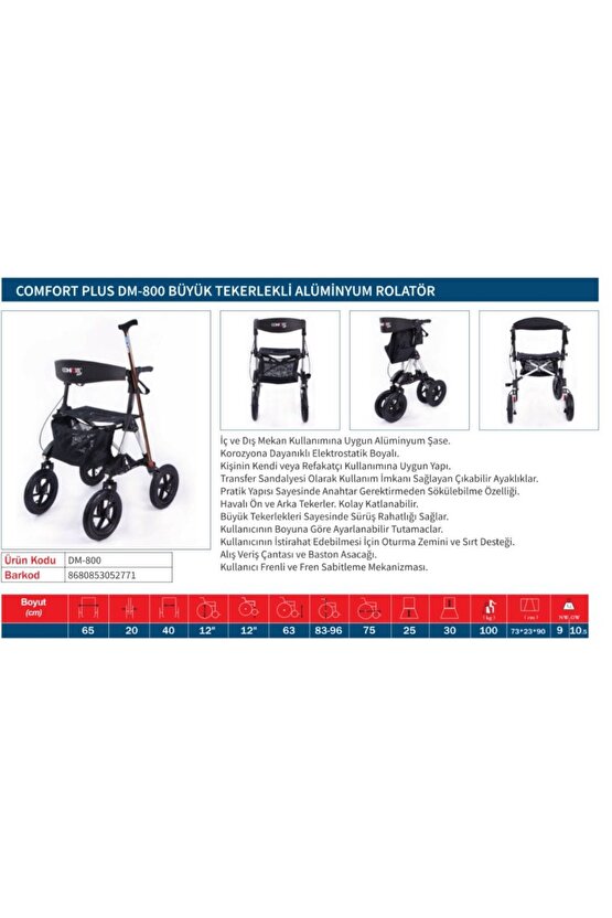 Comfort Plus DM-800 Büyük Tekerlekli Alüminyum Rolatör