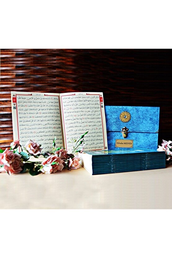 Hatim Cüzü Hatim Seti 30 Cüzü Rahle Boy 20x28 Petrol Nubuk Çantalı Kadife Kuranı Kerim Sesli Dinleme