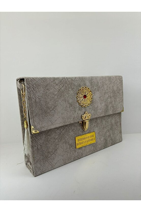 Hatim Cüzü Hatim Seti 30 Cüz Rahle Boy 20x28 Krem Nubuk Çantalı Kadife Kuranı Kerim Sesli Dinleme